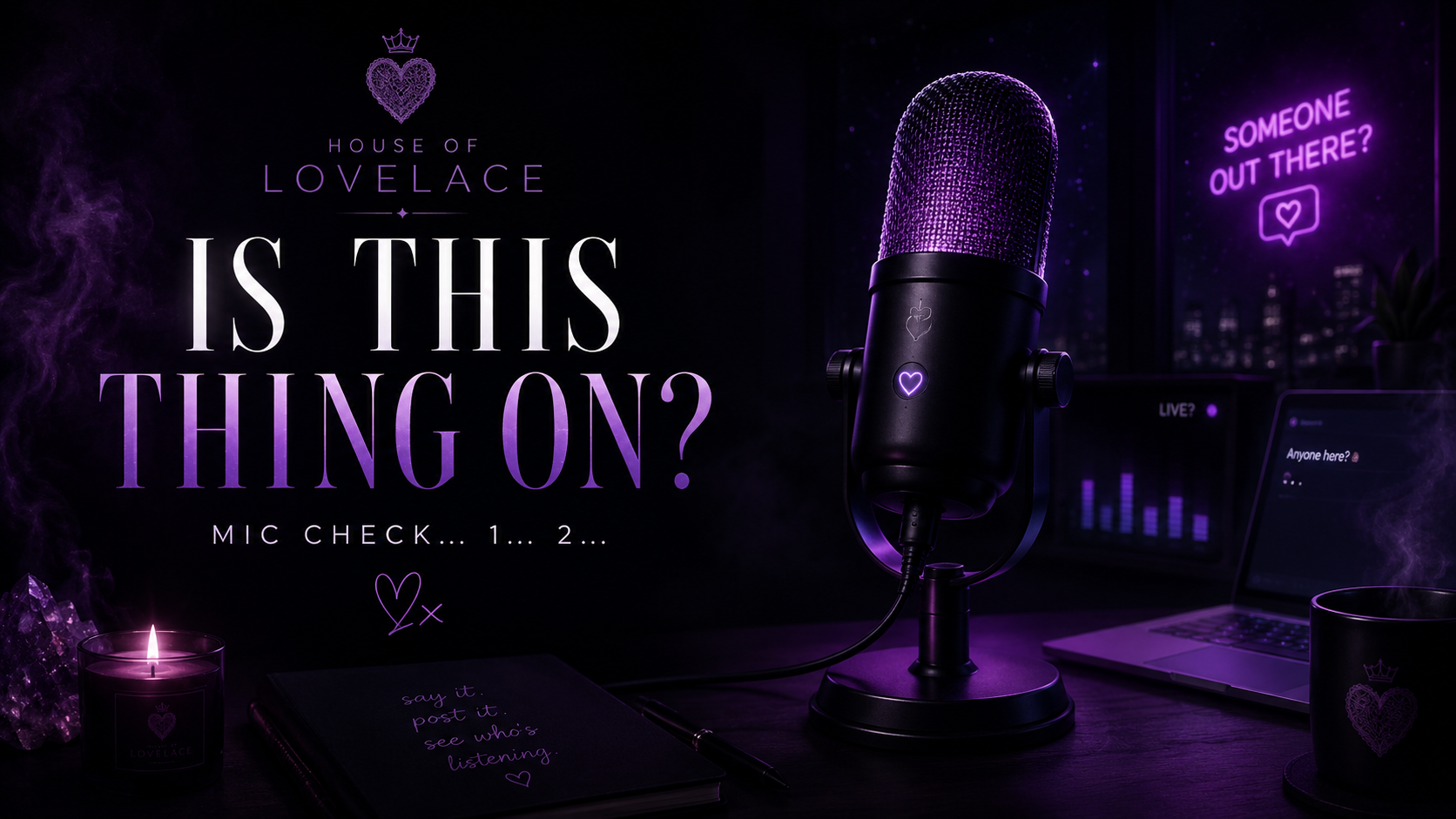 House of LoveLace Is This Thing On journal cover with purple microphone